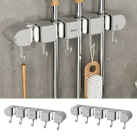 Austok 2Pcs Broom Holder Wall Mounted Mop Broom Hanger Easy to Use Mop Holder Punch Free Mop Organizer 4 Slots Mop Clip Holder with 5 Hooks Effective Wall Broom Holder for Home