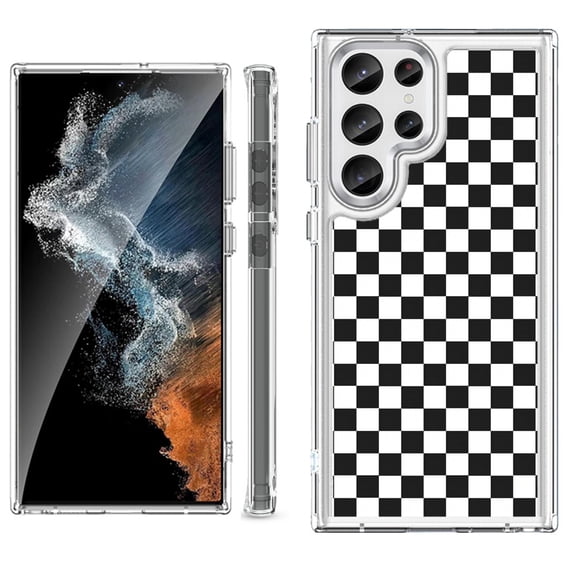 Shockproof Bumper Phone Case for Samsung Galaxy S23 Ultra 5G, by OneToughShield ® - Checker B/W