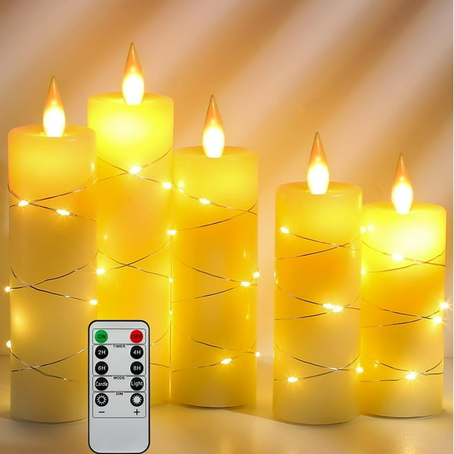 Da by Flameless Candles, with Embedded String Lights, 5-Piece LED Candles, with 10-Key Remote Control, 24-Hour Timer Function, Dancing Flame, Real Wax, Battery-Powered(Batteries not Included).