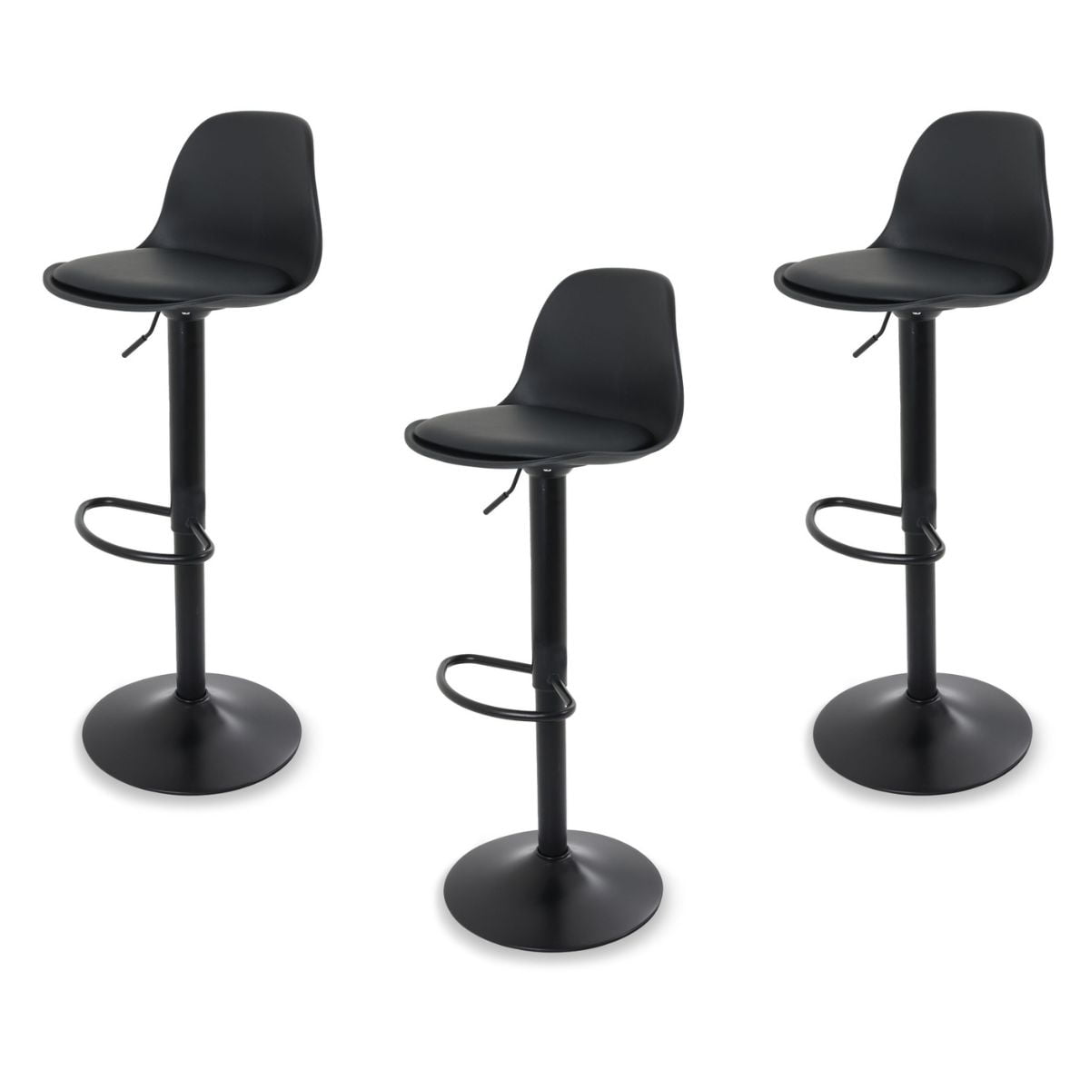 Sillas para Bar y Barra de Cocina con Respaldo y Reposapies de Altura Ajustable Banco Taburete Giratorio con Asiento Acolchado de Diseño Moderno Set 3 Piezas Full Black