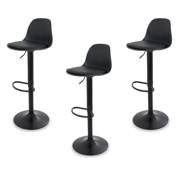 Sillas para Bar y Barra de Cocina con Respaldo y Reposapies de Altura Ajustable Banco Taburete Giratorio con Asiento Acolchado de Diseño Moderno Set 3 Piezas Full Black