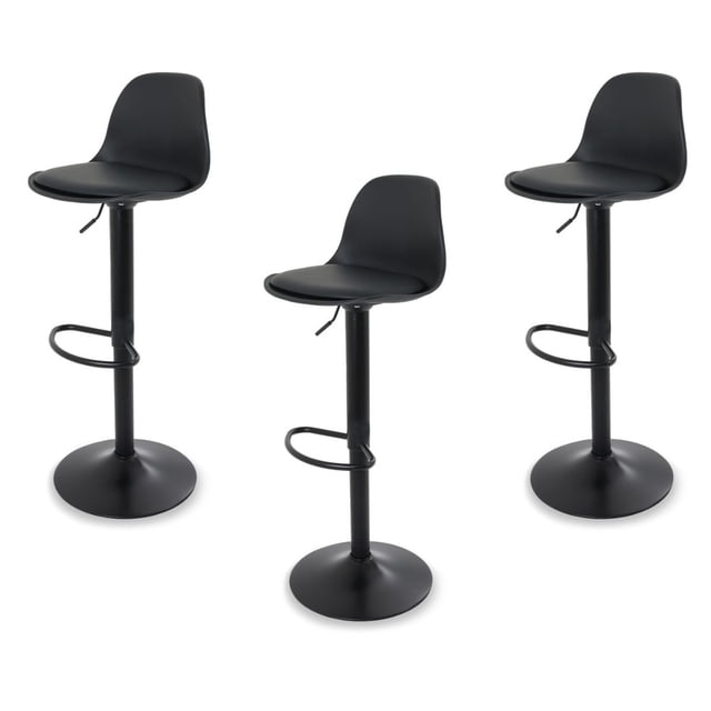 Sillas para Bar y Barra de Cocina con Respaldo y Reposapies de Altura Ajustable Banco Taburete Giratorio con Asiento Acolchado de Diseño Moderno Set 3 Piezas Full Black