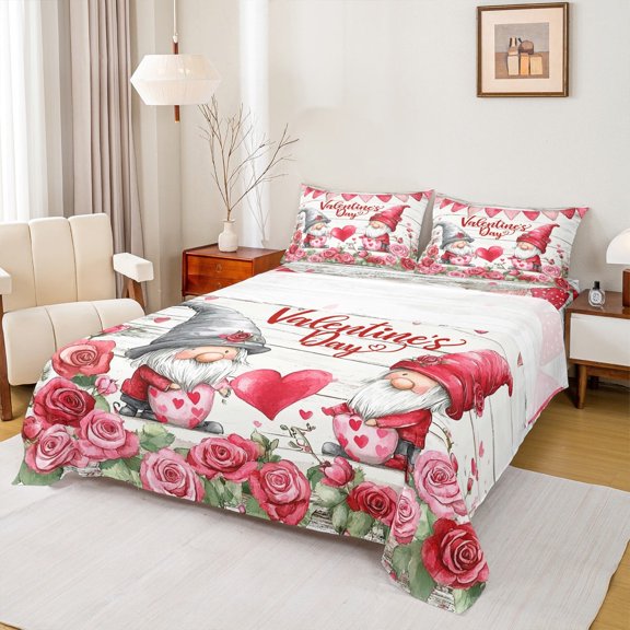 Castle Fairy Cartoon Gnome 3pcs Twin Sheet Sets,Valentine's Day Twin Fitted Sheet,Pink Rose Breathable Flat Sheet,Microfiber Girls Bedroom Decor