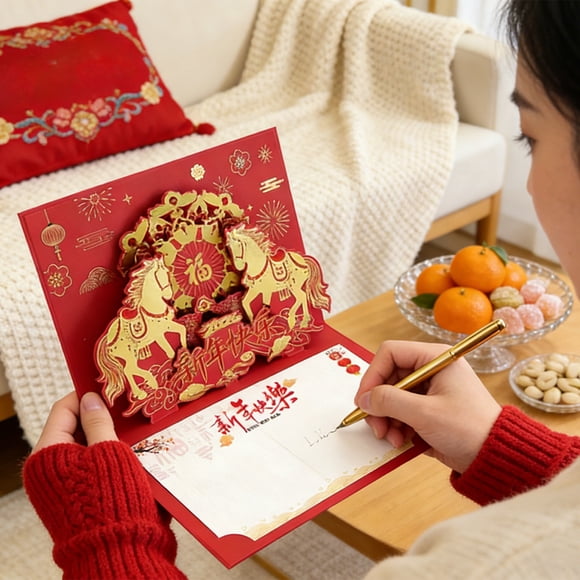 Chinese Fresh Year Greeting Card 2026 Year Of Horse 3D Pops Up Lunar Spring Festival Card with Envelope | Handmade Three Dimensional Design | Blank Inside for Wishes | Home Office Decoration
