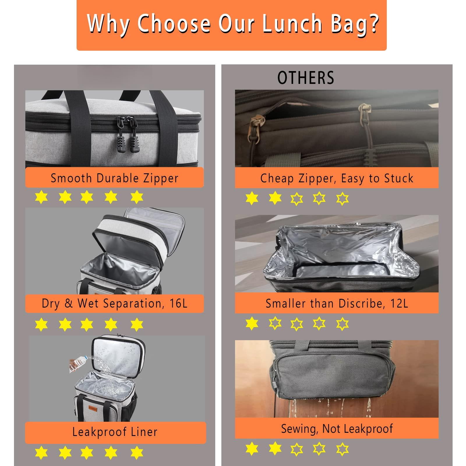 Double Deck Large Lunch Box  Insulated Heavy Duty Bag Waterproof Leakproof Durable Cooler For Men Women Adults Work Picnic Camping Daytrip 16l Grey