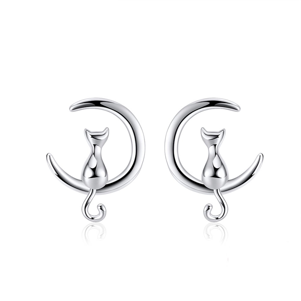 Sterling silver hooked cat moon charm earrings