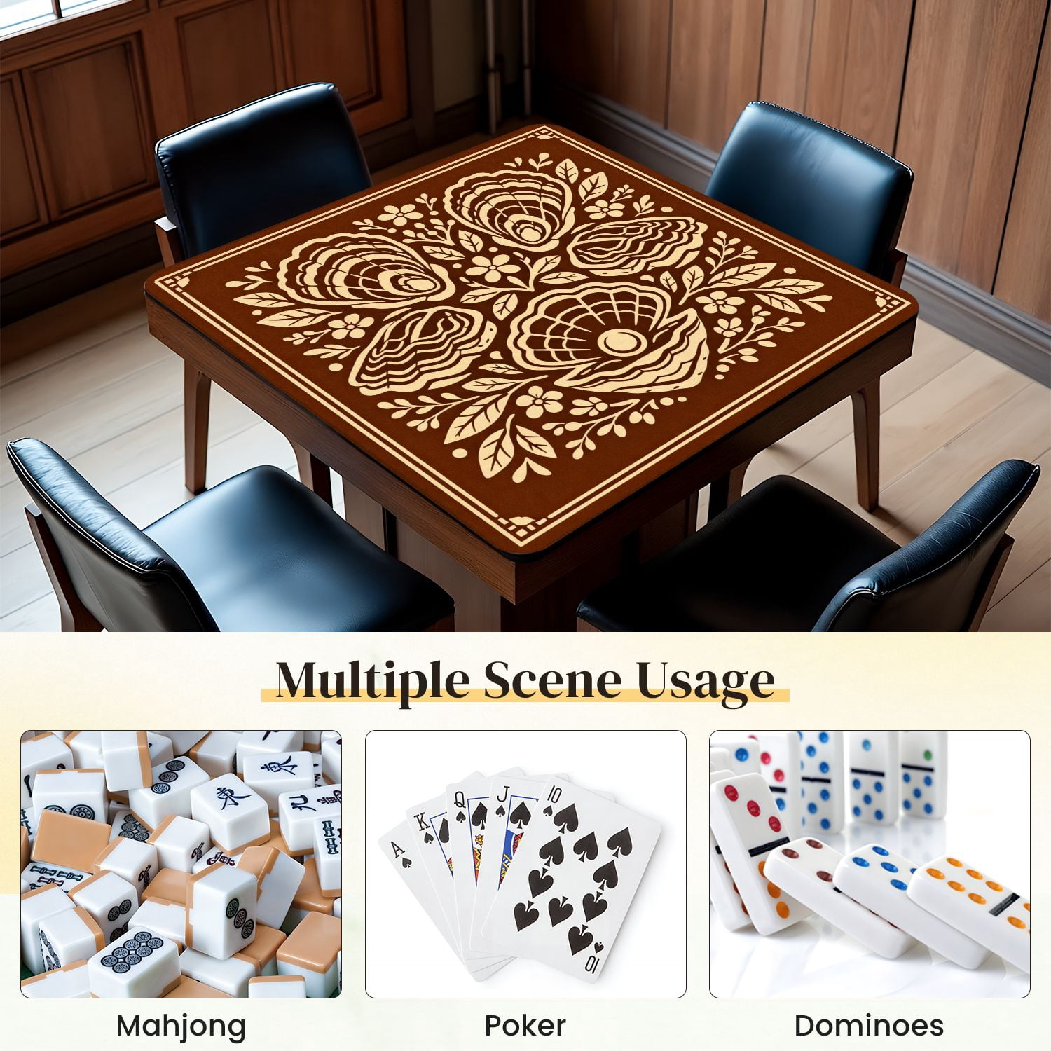 Mahjong Mat 31.5" x 31.5" Seashell Floral Leaf Motifs Brown Beige boho Non-Slip Noise Reduction Mahjong Tiles Table Cover for Dominoes Poker Card Board and Tile Games