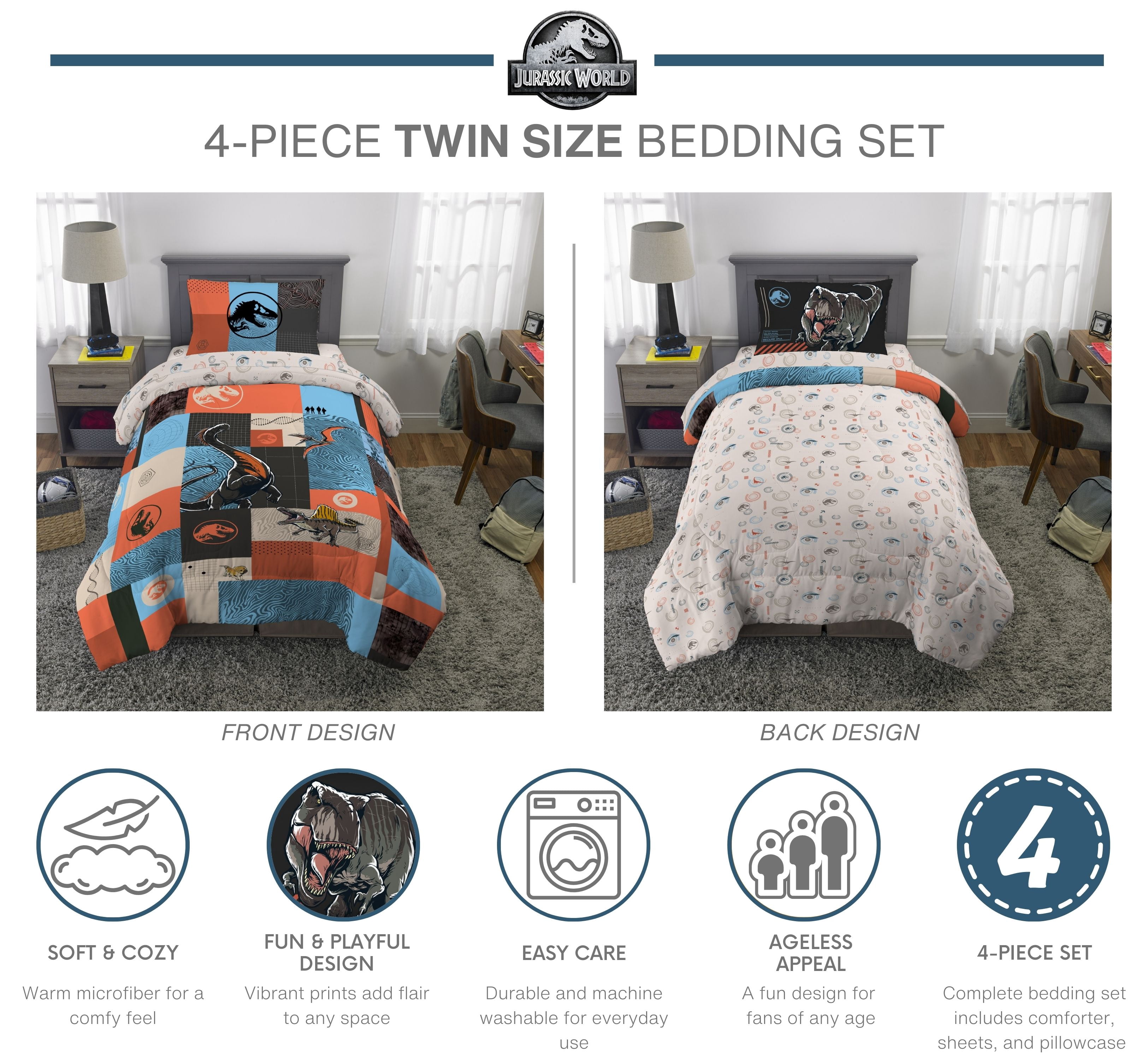 Jurassic World Kids Twin Bed in a Bag, 4Pc Bedding Set, Comforter and Sheets
