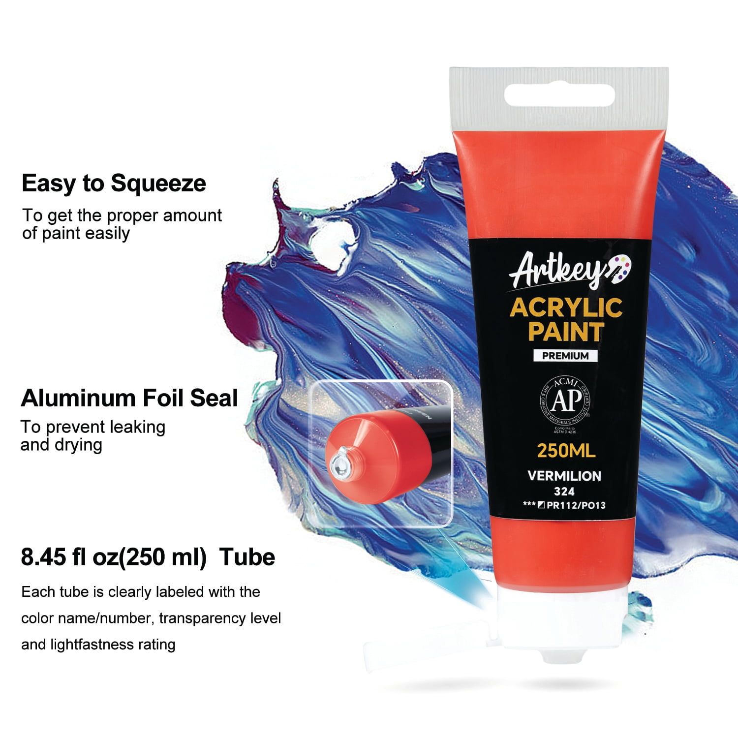 Artkey Acrylic Craft Paint - Vermilion Tubes, Multi-Surface, Semi-Gloss, 250 ml/8.45 fl oz