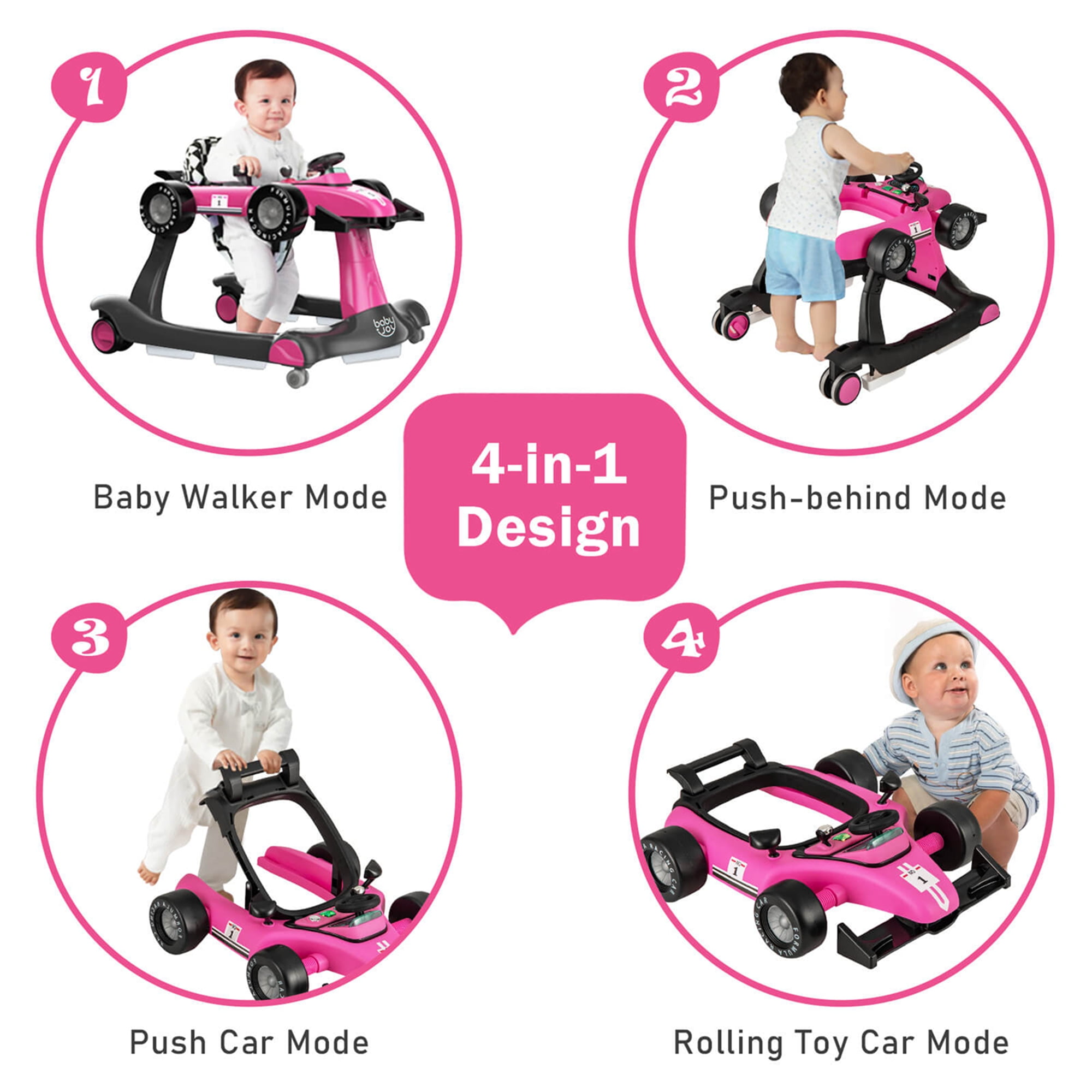 Costway 4-in-1 Baby Walker Foldable Activity Walker with Adjustable Height & Speed Deep 6-18 Months Pink