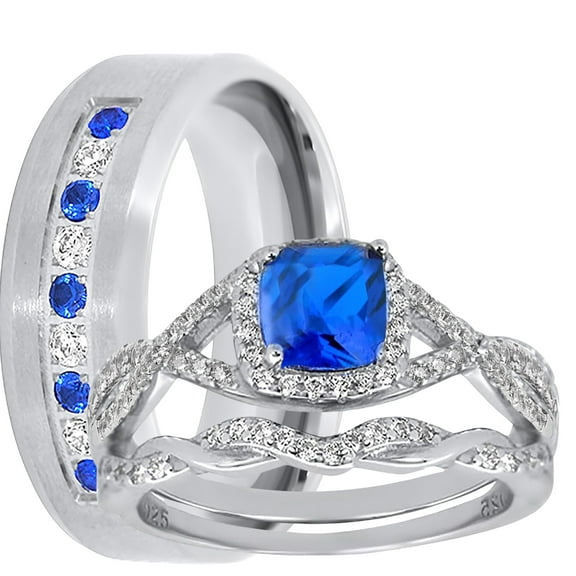 His Her Wedding Set 3 Piece TRIO Simulated Sapphire CZ Silver Rings for Women Titanium Men 5/9