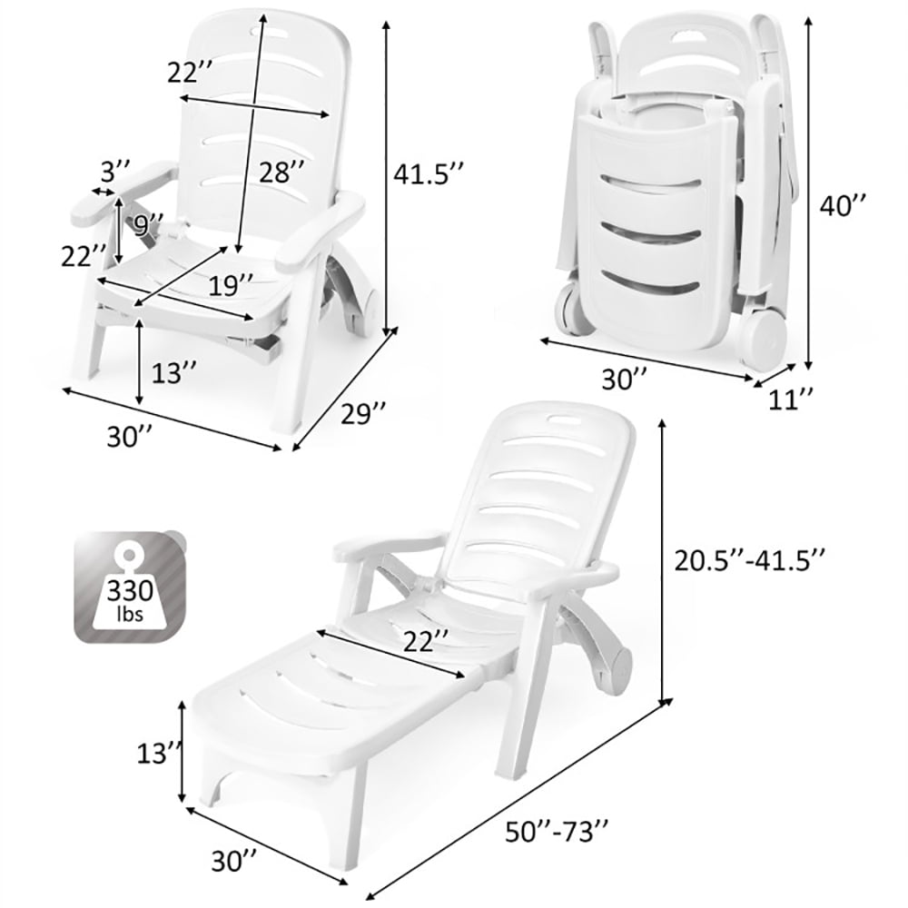 Aimee Lii 5 Position Adjustable Folding Lounger Chaise Chair on Wheels, Patio Loungers, White Aimee Lii 5 Position Adjustable Folding Lounger Chaise Chair on Wheels, Patio Loungers, White