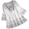 thumbnail image 1 of Women Vintage Lace Patchwork V-neck Flare Sleeve Ruffle Blouses, 1 of 4
