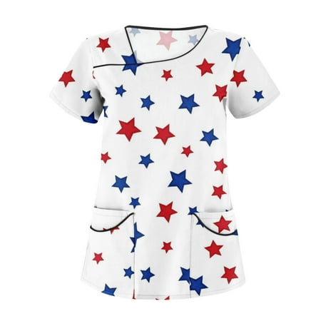 

Yubatuo Independence Day Women Plus Size Scrubs Top with Pockets V-Neck Short Sleeve Printed Work Blouse for Women White M