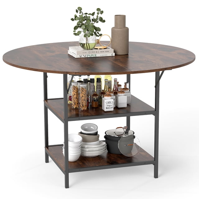 Gymax Table à Manger Ronde de 47 Pieds' avec Étagères de Rangement à 2 Niveaux et Cadre en Métal Robuste Brun Rustique