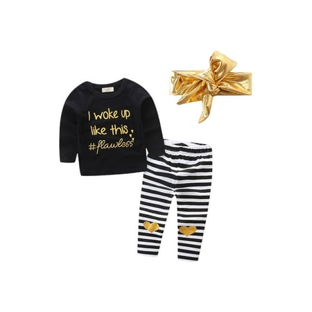 

3pcs Newborn Baby Unisex Letter Printed Shirt + Strip Pants + Gold Headband Toddler Casual Outfits