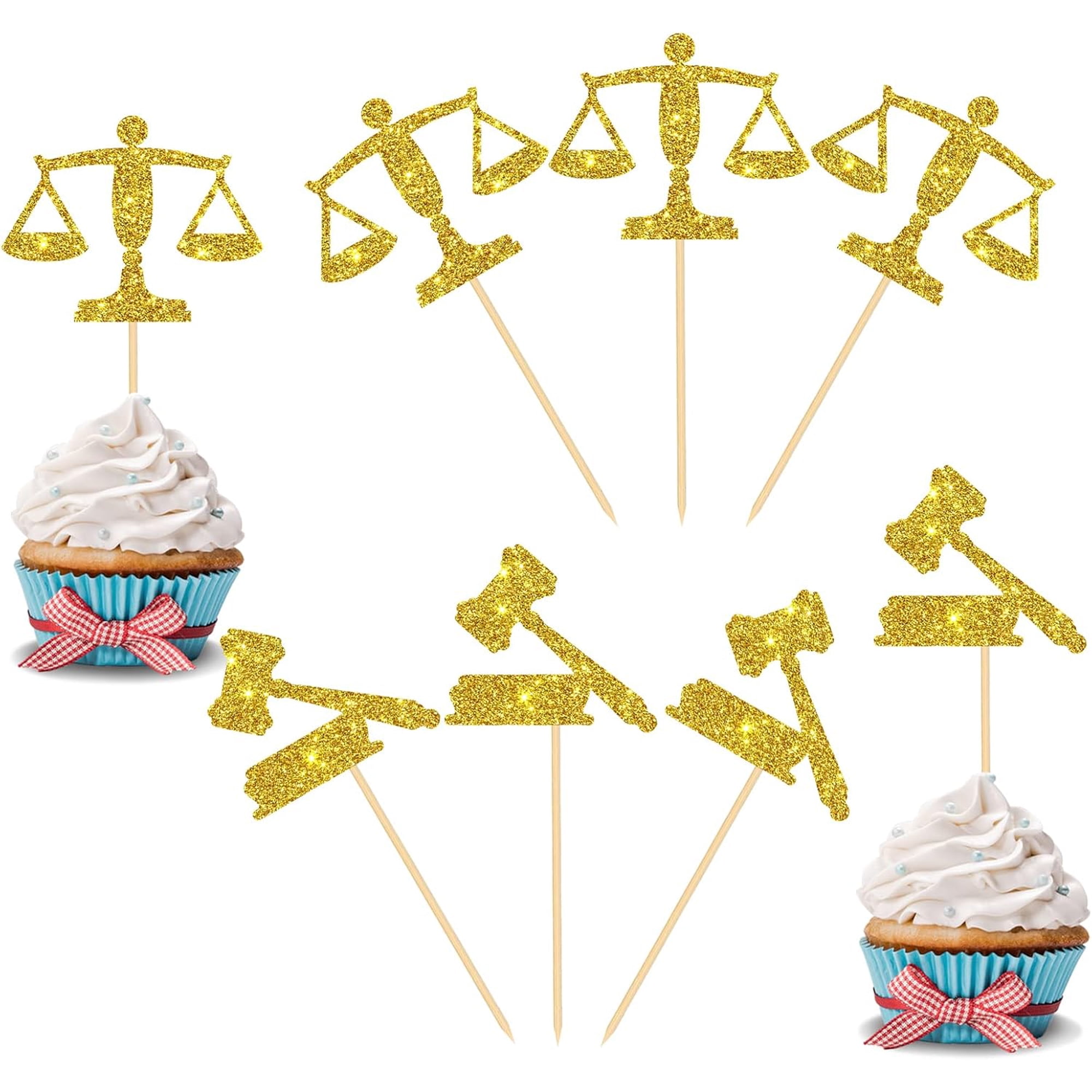 Gold Glitter Lawyer Cupcake Toppers,12PCS Justice Scale Gavel Cupcake Picks for Law School Graduation Party Cake Decorations