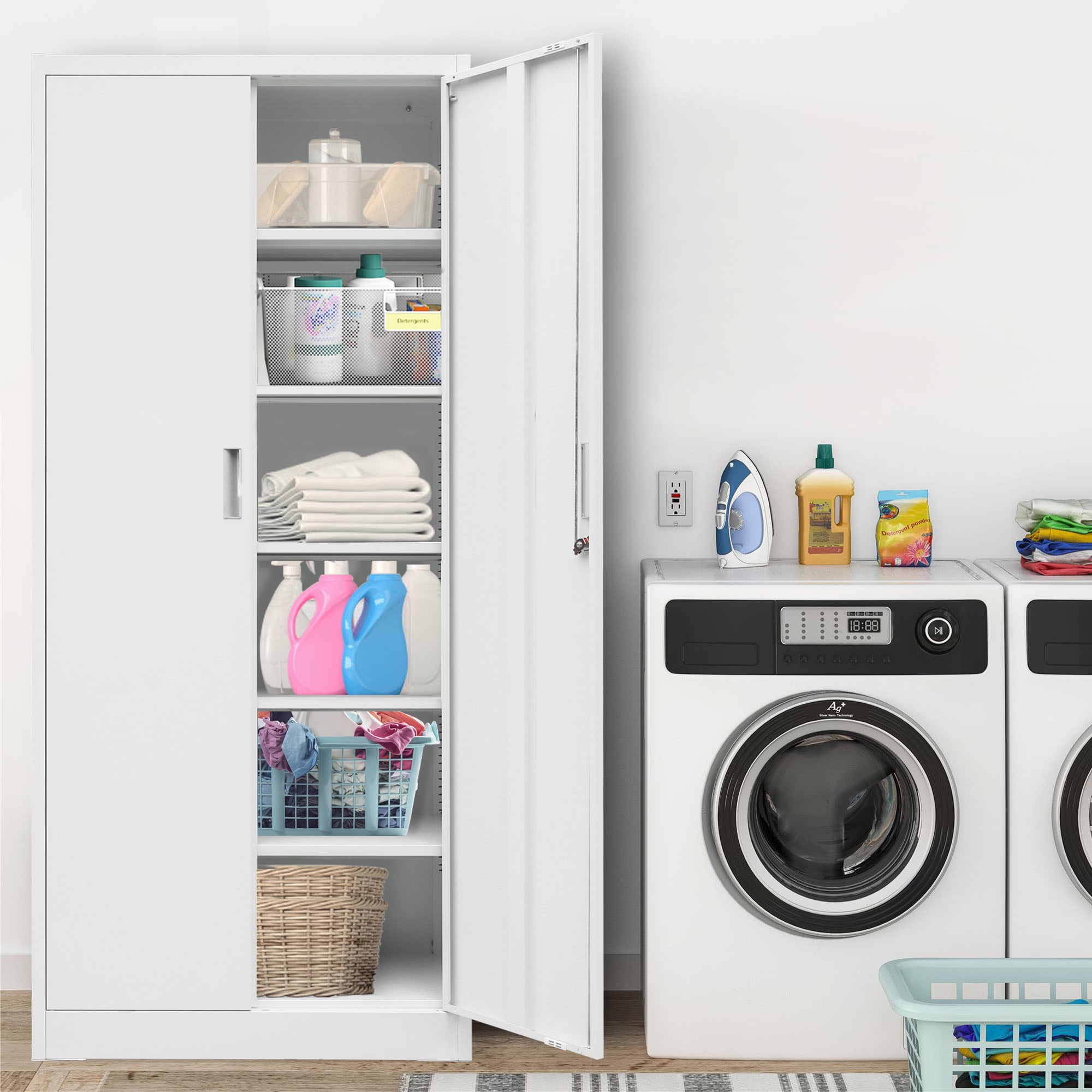 Metal Storage Cabinet, 71" H Locking Cabinet with 5 Adjustable Shelves, Garage Cabinet for Office, Home, Pantry-White