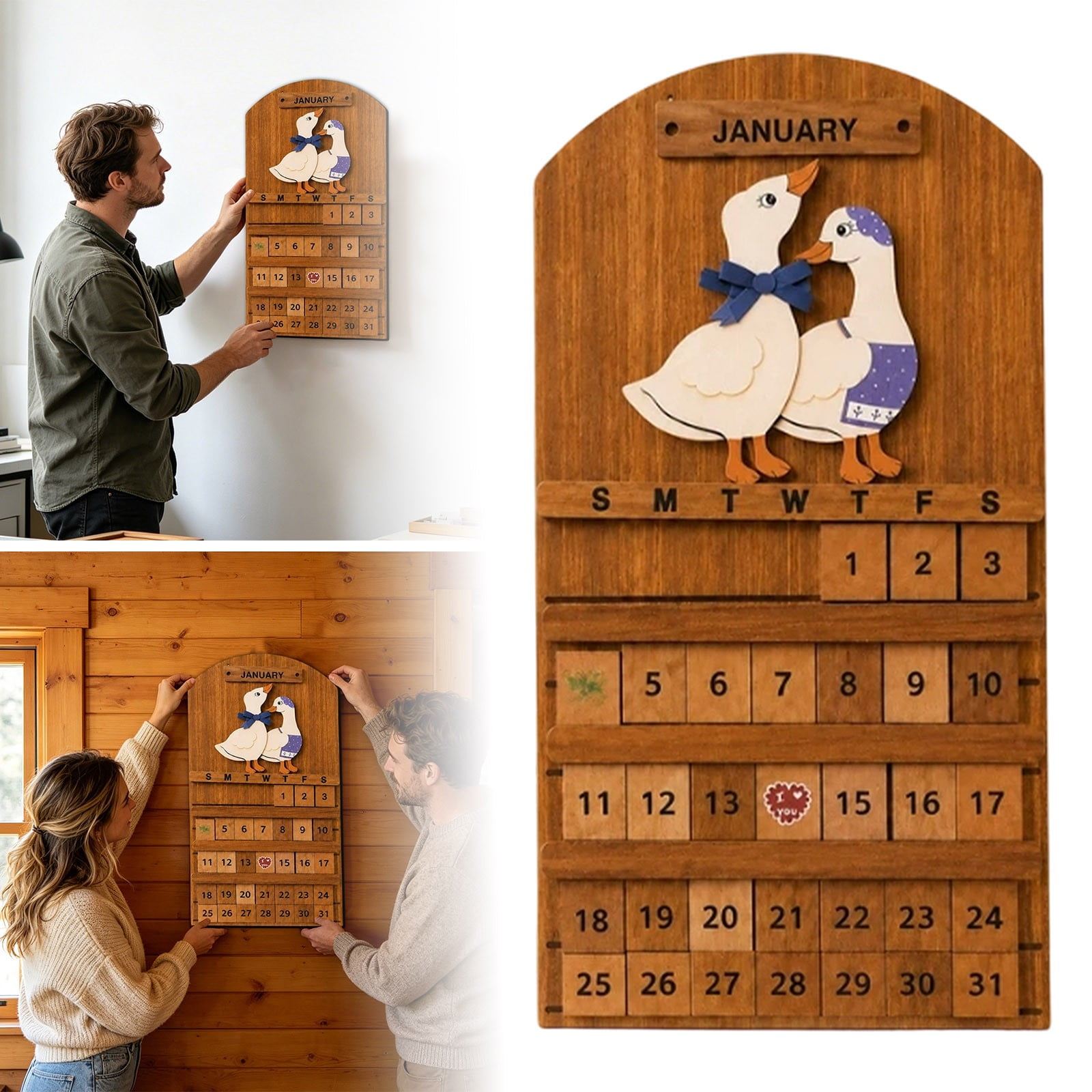 Wooden Perpetual Calendar Wall Hanging 2026 Reusable Date Planner(Brown-40cm)