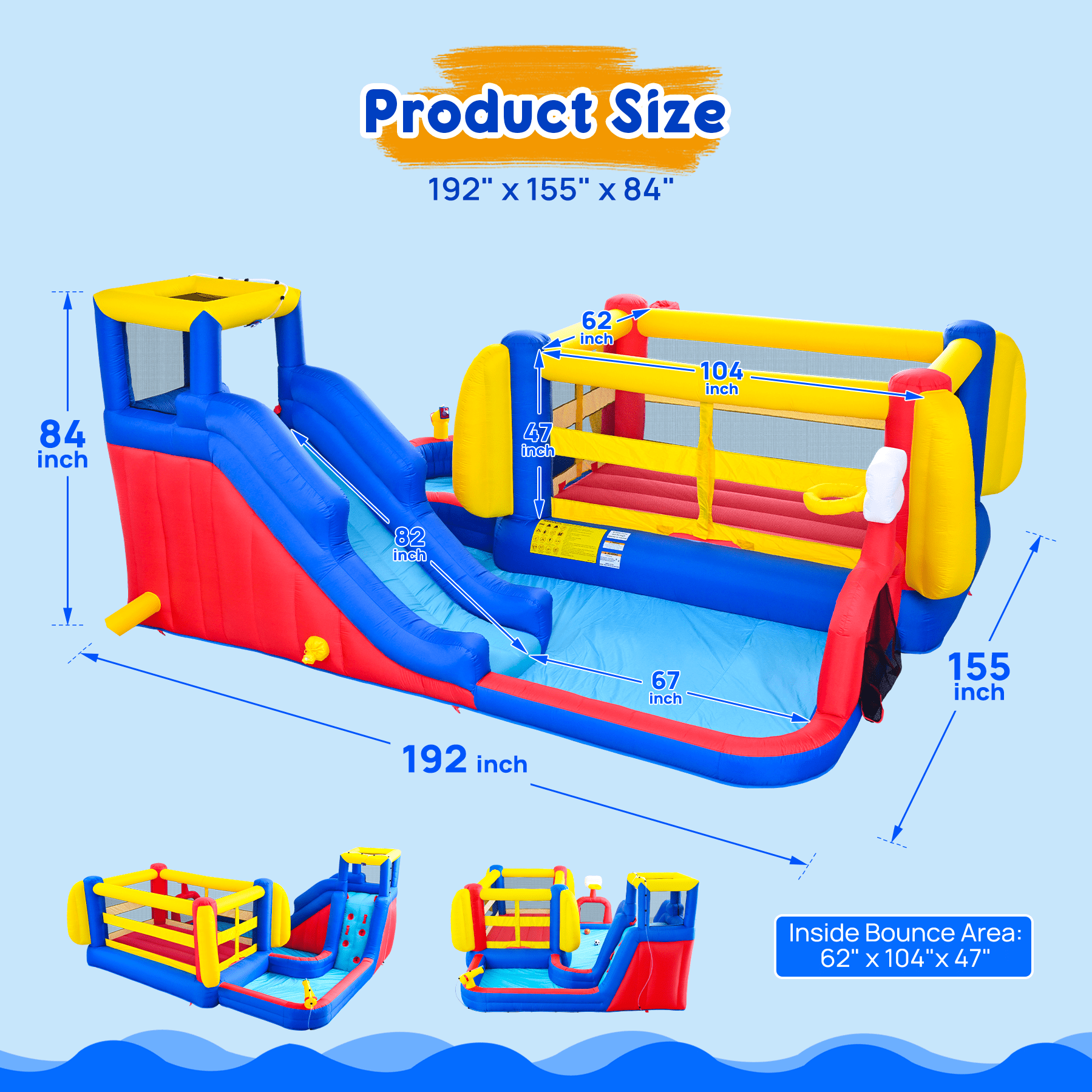 Mintazer 7-in-1 Inflatable Bounce House with Water Pool, Basketball Hoop, Climbing Wall & Water Guns, Indoor & Outdoor Play Castle for Kids