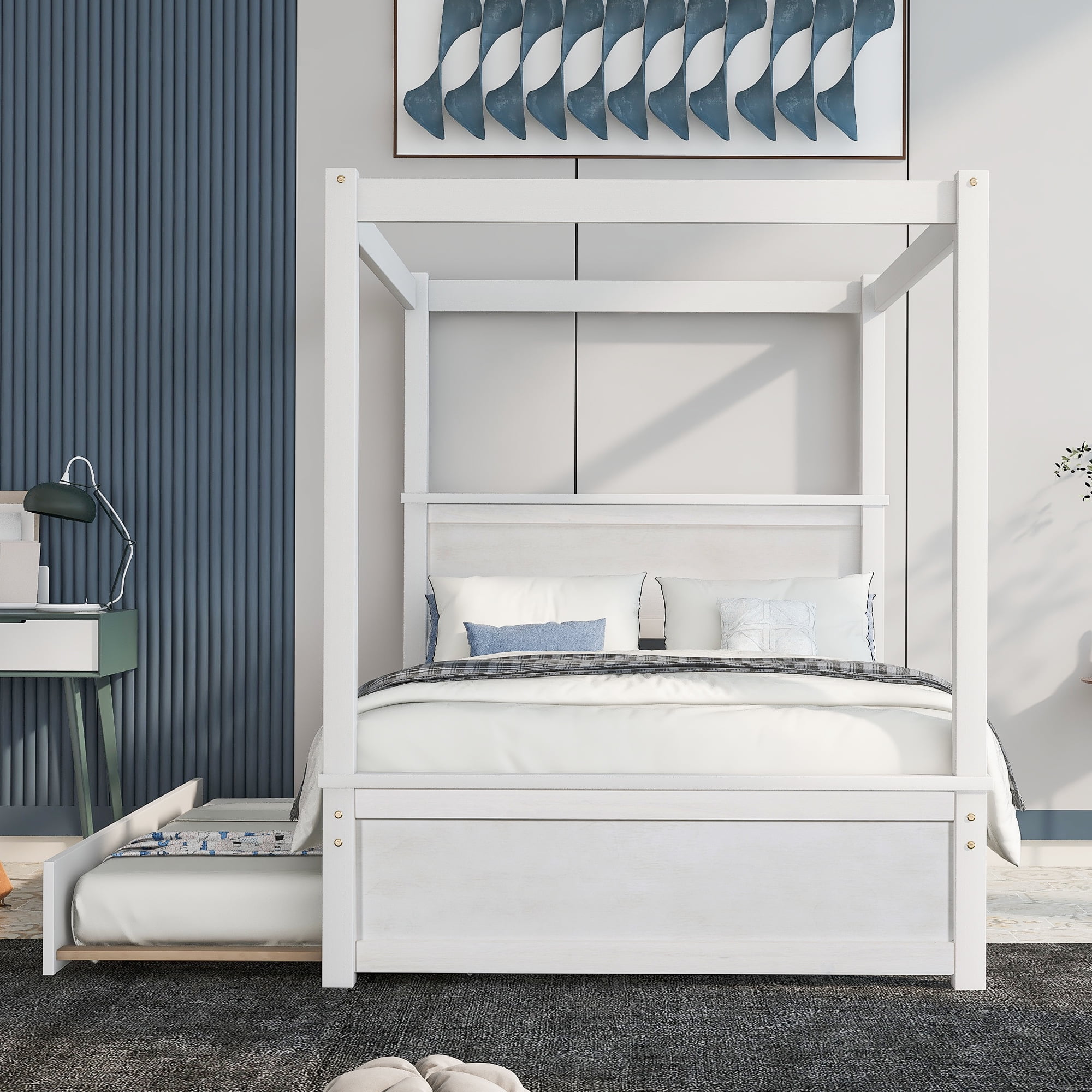 DEALTOPS Wood Canopy Platform Bed with Trundle, Full Bed Frame with Support Slats, White