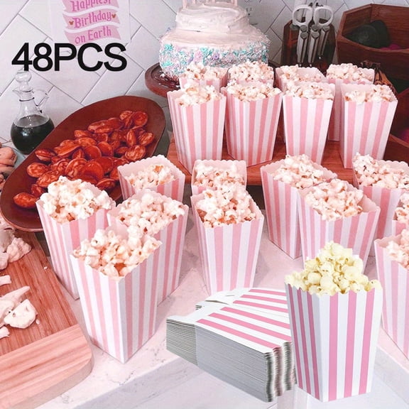Birthday Party Favor Boxes 48 Pcs - Pastel Pink Popcorn Containers 4x3 Inch, Striped Candy Bags for Party Supplies