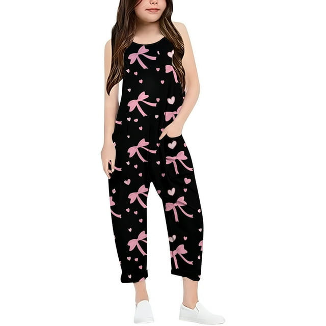 Girls Romper Bow Print Summer Rompers for Girls Spaghetti Strap Rompers with Pockets Summer Clothes for Teens 5-6 Y