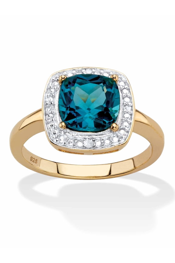Genuine Cushion-Cut Gemstone and Diamond Accent Pave-Style Halo Ring in Yellow Gold-Plated Sterling Silver