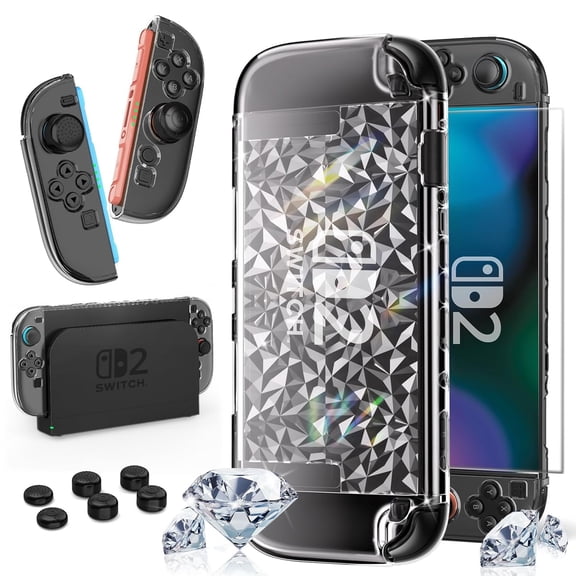 Switch 2 Protective Case for Nintendo Switch 2 (2025) - Transparent Anti-Scratch Shock-Absorption Cover with Screen Protector & Grip Cover, Essential Switch 2 Accessories