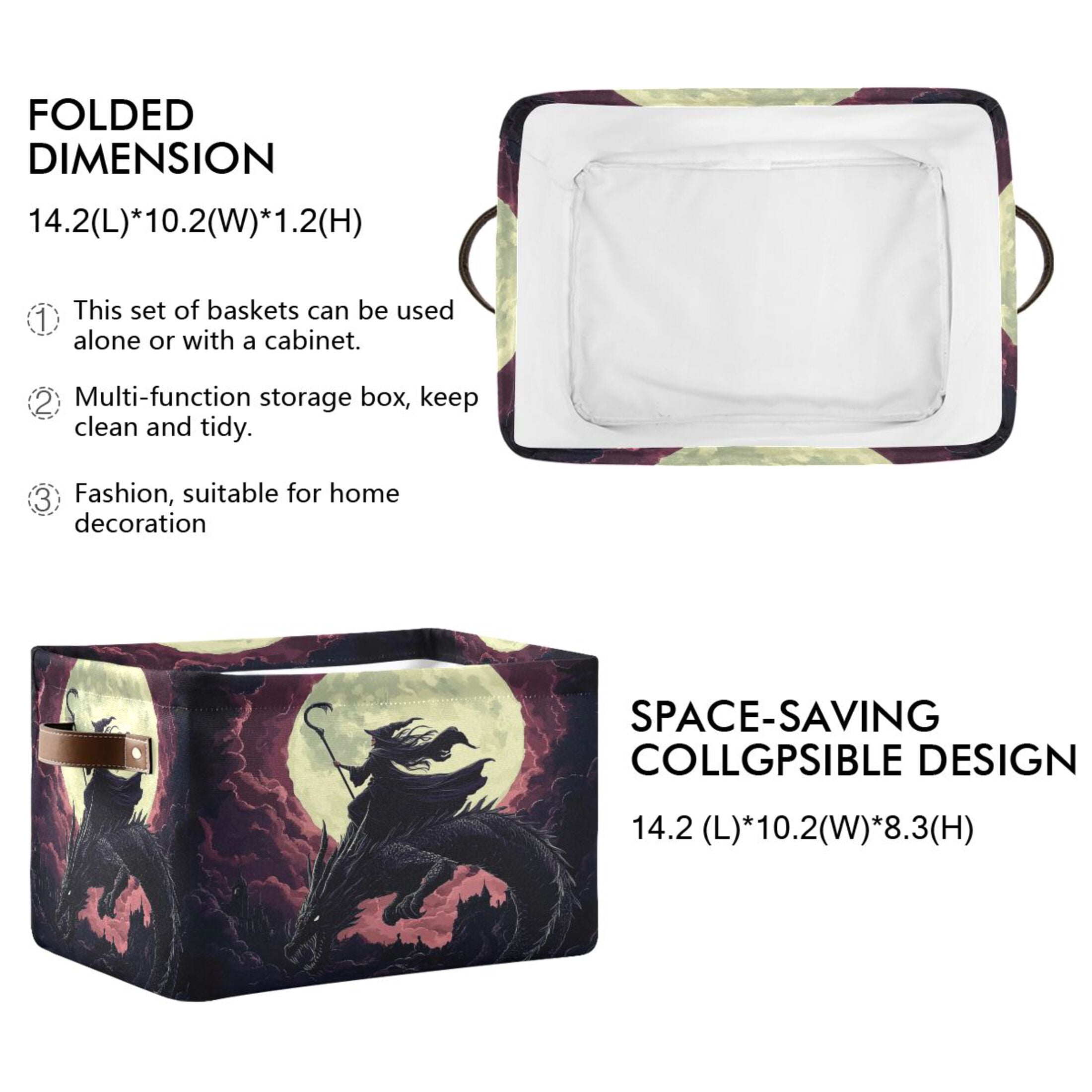 WOBOGO Witches and Black Dragon Square Storage Basket with Waterproof Canvas and PE Lining Durable PU Leather Handles 14.2×10.2×8.3in