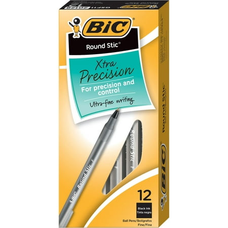 BIC Round Stic Xtra Precision Ball Pen, Fine Point (0.8 mm), Black, 12-Count