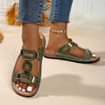thumbnail image 3 of Slide Sandals Women Comfy Cork Footbed Orthopedic Slippers Fashion Cutout Splice Leather Slip on Flat Beach Shoes Green Size 9, 3 of 8