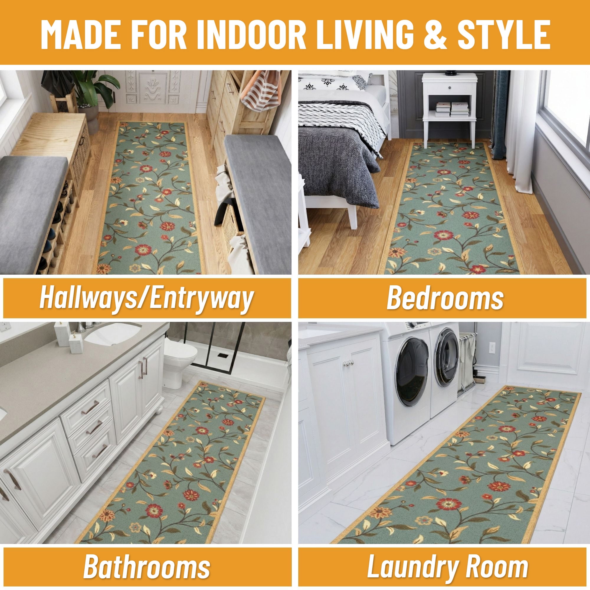Ottomanson Extra Long Runner Rug 2'7" x 13' – Non-Slip Low Pile Hallway Carpet, Floral Seafoam Green