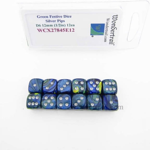 Green Festive Dice with Silver Pips 12mm (1/2in) D6 Pack of 12 Wondertrail