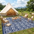 thumbnail image 3 of HIWEAVER Navy/White 8'x 10' Outdoor Rug Garden Decor Geometric Floral Carpet Plastic Straw Waterproof Reversible Patio Area Rug for Balcony Deck Picnic Portable Camping Mat, 3 of 8