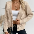 thumbnail image 4 of SWSMCLT Women's V Neck Cardigan Sweater Long Sleeve Winter Knitted Short Button Down Warm Sweater Top Spring Fall Holiday Loose Fit Chunky Soft Cozy Cable Knit Khaki Small, 4 of 5