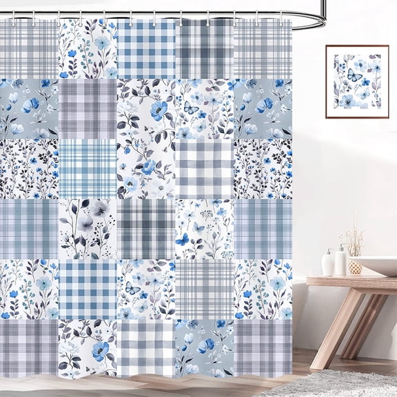 Cute Plaid Floral Shower Curtain, Boho Blue Flower Fabric Shower Curtains for Bathroom, Retro Blue Floral Checkered Patchwork Bath Curtain Set Washable Waterproof with 12Hooks,60X70in