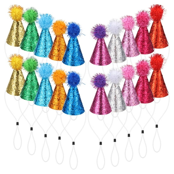 Keyohome 20Pcs Mini Small Dog Hat Cute Small Cat Party Hat Reusable Small Pet Hat Small Kitten Hat with Pompons and Paillette Small Rabbit Hat Multi Color Small Pet Birthday Hat for Small Pets