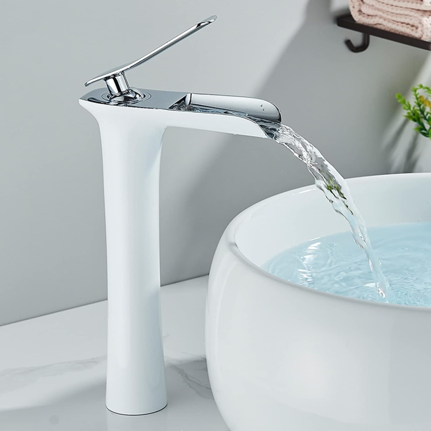 Bathroom Faucet Waterfall, Hot and Cold Sink Mixer Tap Faucet, Solid Brass, Waterfall Single Handle Bathroom Sink Faucet Tall, White Gold