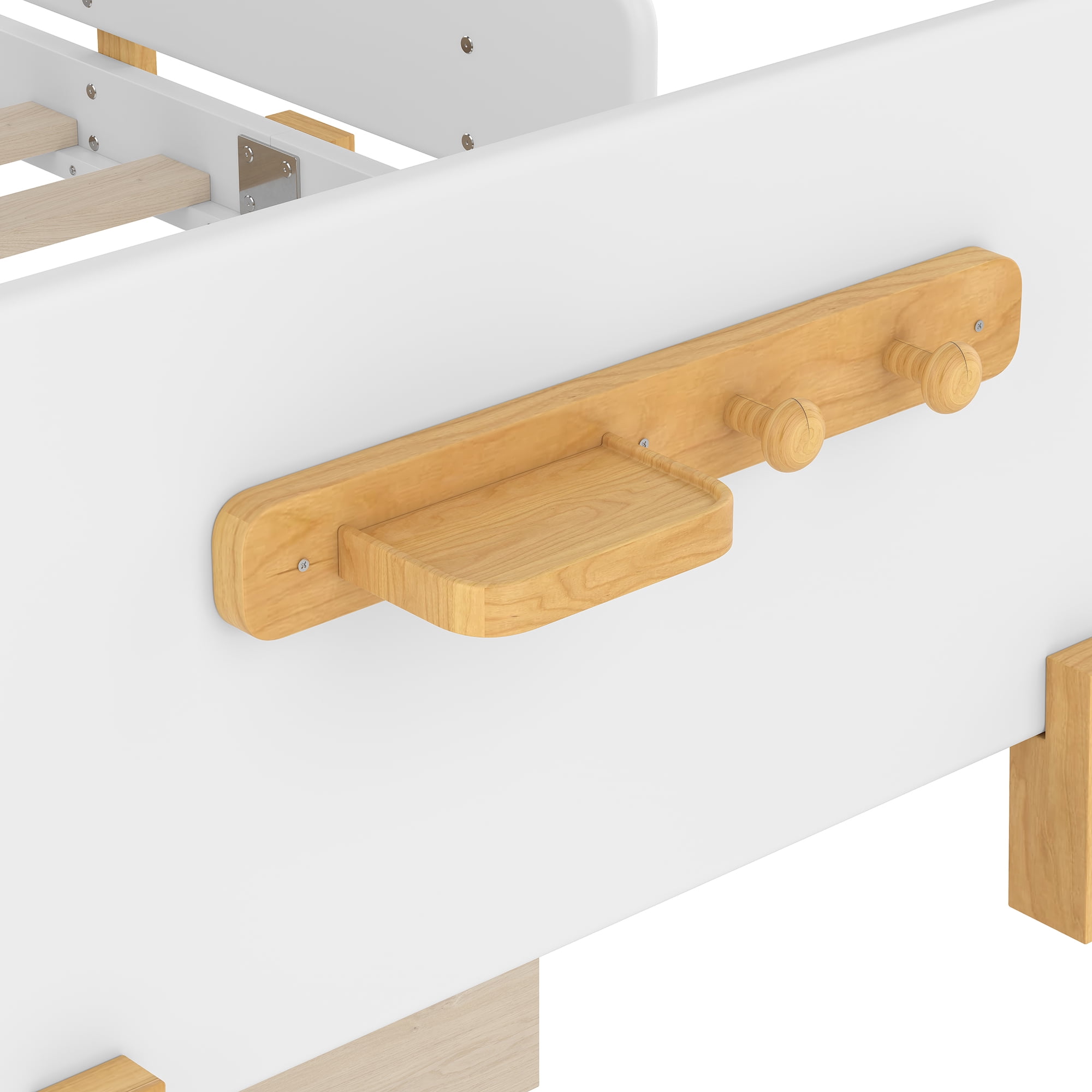 Miniyam Twin Bed with Storage Drawers, Guardrails, Footboard Shelf & Side Hooks for Kid, White