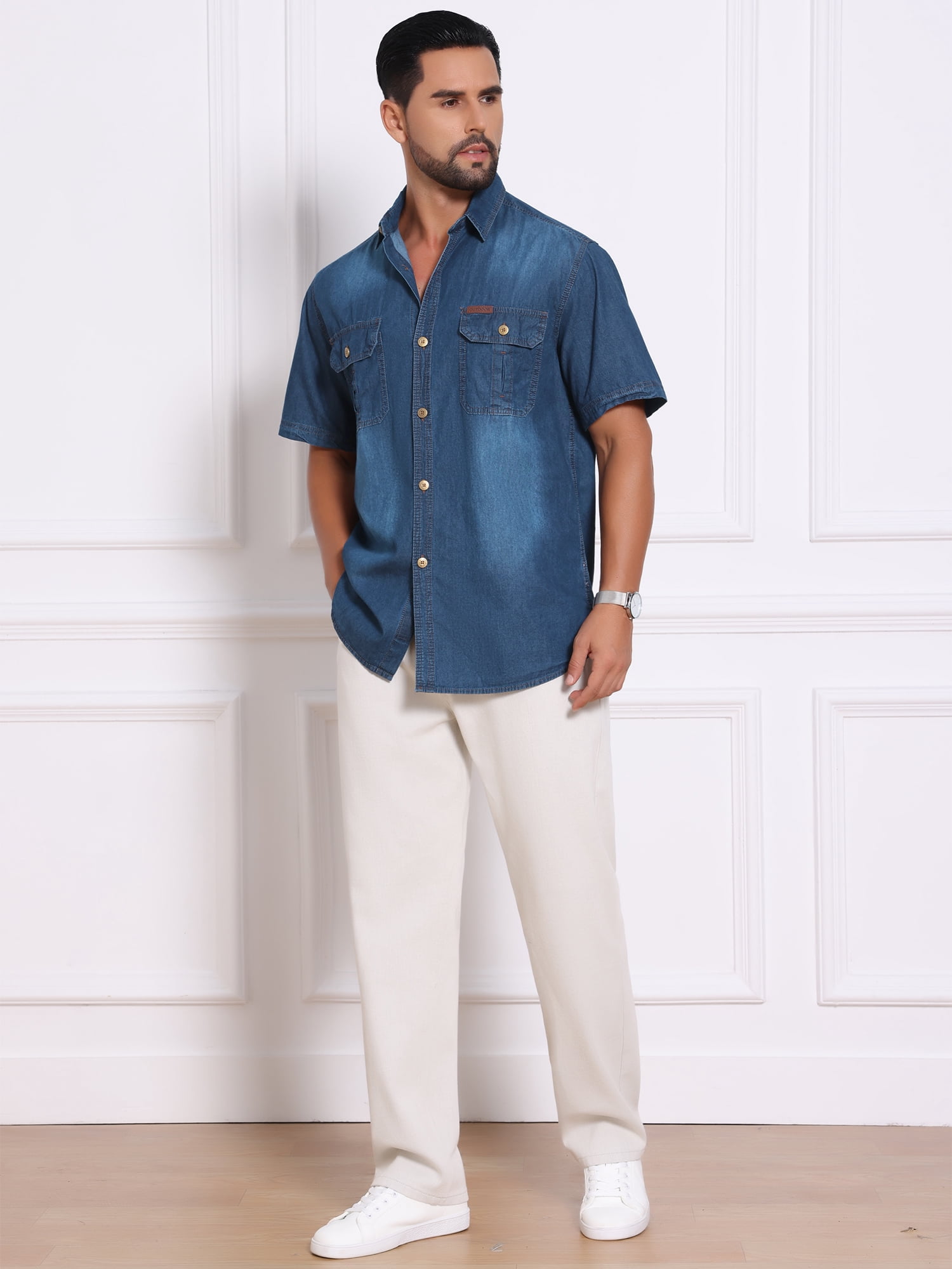 DARING DIVA Men's Denim Chest Pockets Western Retro Short Sleeve Shirts L Dark Blue