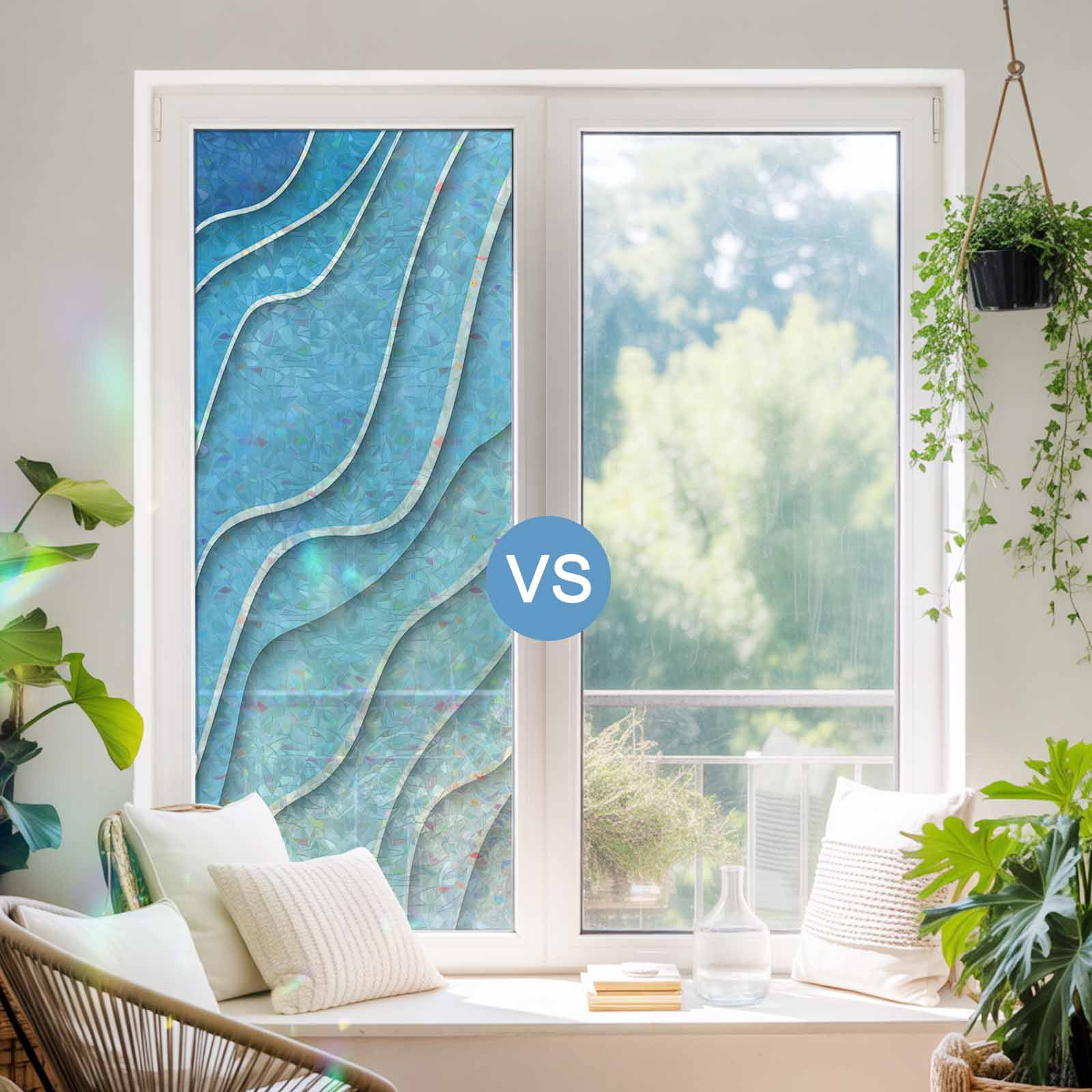 Blue Aqua Ombre Window Privacy Film Stain Glass,Reusable Decorative Rainbow Window Film,Modern Geometric Abstract Aesthetic Cream Static Cling Sun Blocking Stickers Decals Covers 23.6" x 59" (2pcs)
