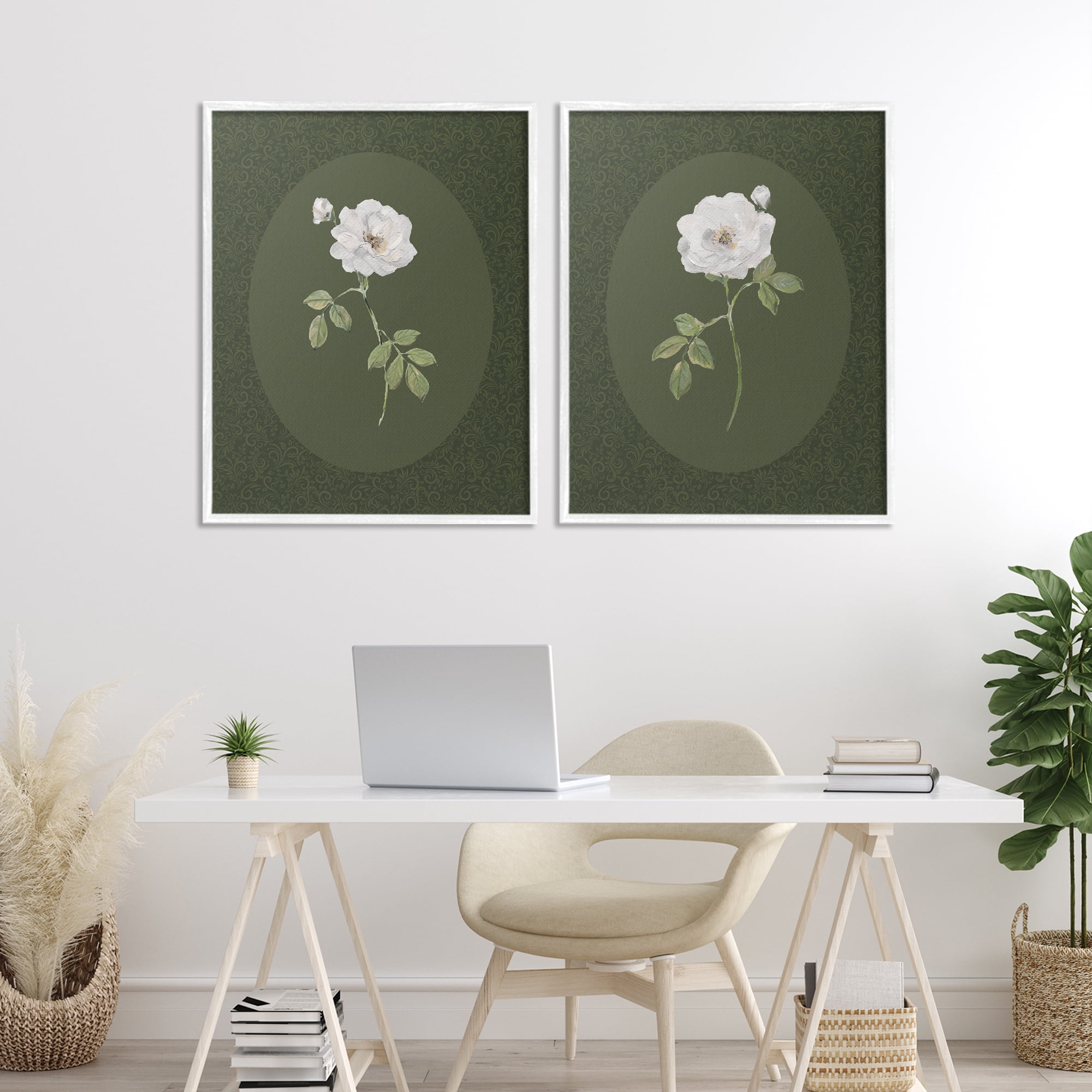 Stupell Industries Ornate Rose Studies over Emerald 2 Piece White Framed Giclee Art Set, design by Sally Swatland