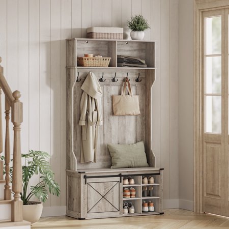 Hall Tree, Coat Rack with Shoe Bench, Entryway Furniture, Tri-Hooks, Rustic White and Honey Brown