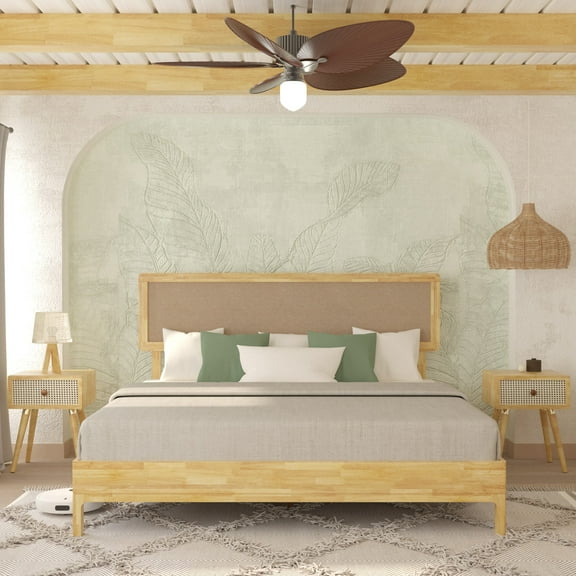 Grace 47" King Size Platform Bed Frame with Adjustable Headboard, Bohemian, Solid Wood, Natural