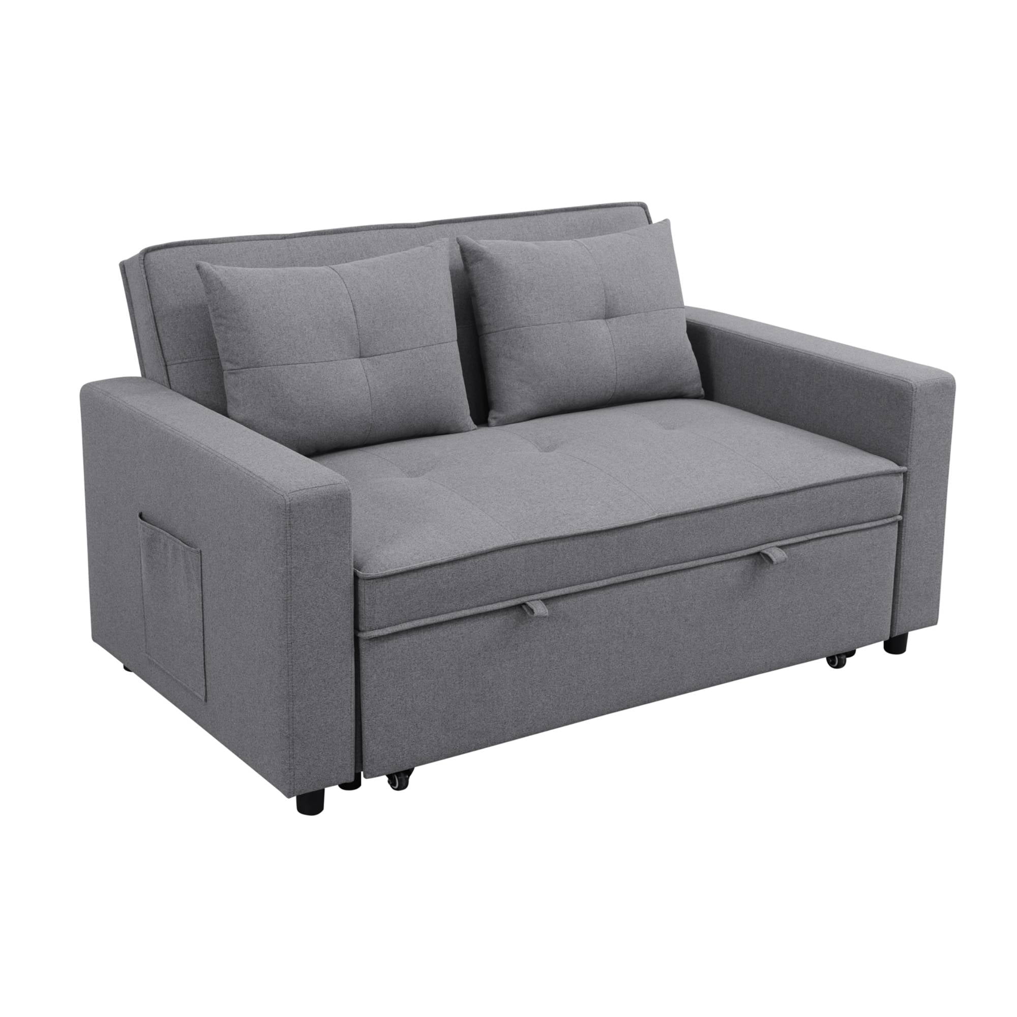 3-in-1 Convertible Sleeper Sofa Bed, Modern Futon Loveseat Velvet Pull-Out Couch Bed with Adjustable Backrest & Side Storage Pockets for Small Living Room, Grey