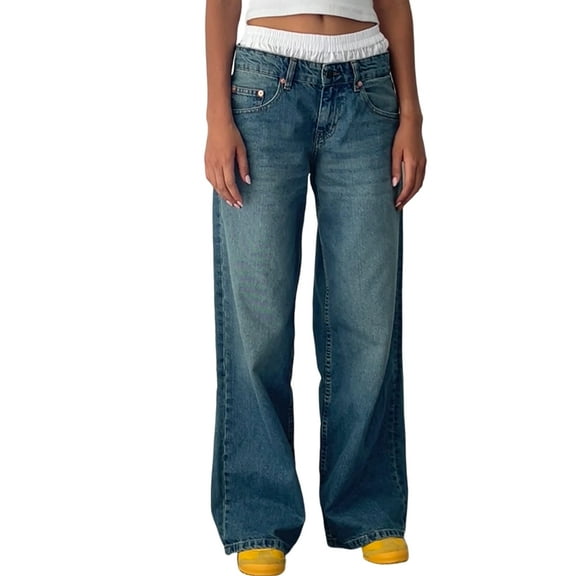 Women Y2k Low Rise Baggy Jeans Loose Fit Boyfriend Straight Wide Leg Jeans Trendy Stretch Long Denim Pants Washed Blue M