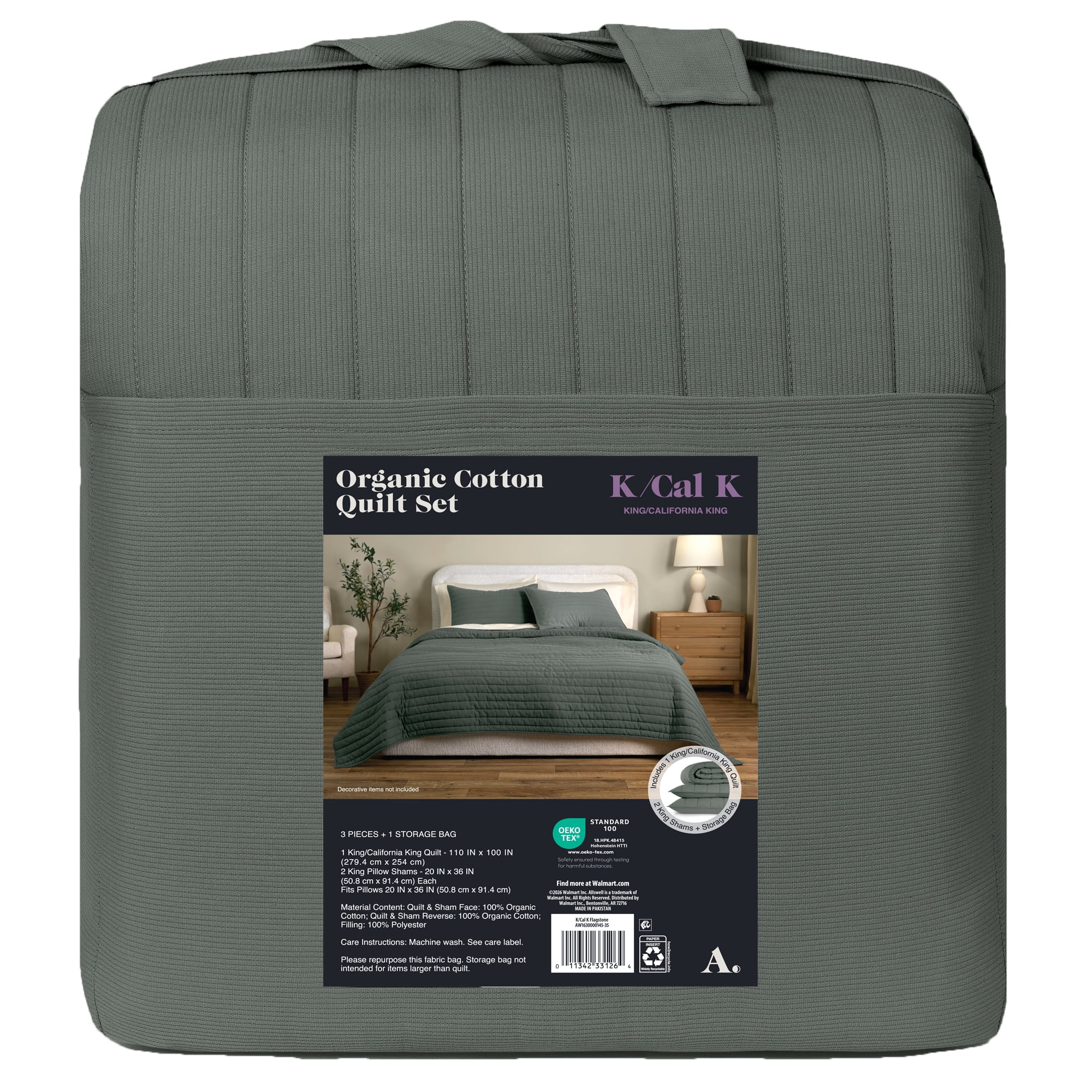 Allswell Organic Cotton 3-Piece Quilt Set, Flagstone Green, King/California King
