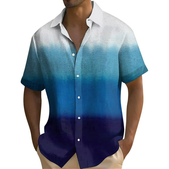 Inglocry Mens Gradient Linen Shirts Casual Button Down Short Sleeve Tie Dye Beach Summer Shirts White XL