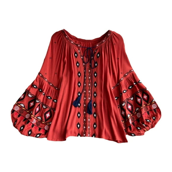 Blusa bordada para mujer con mangas abullonadas, Top para mujer para vacaciones en la playa en interiores naranja rojo